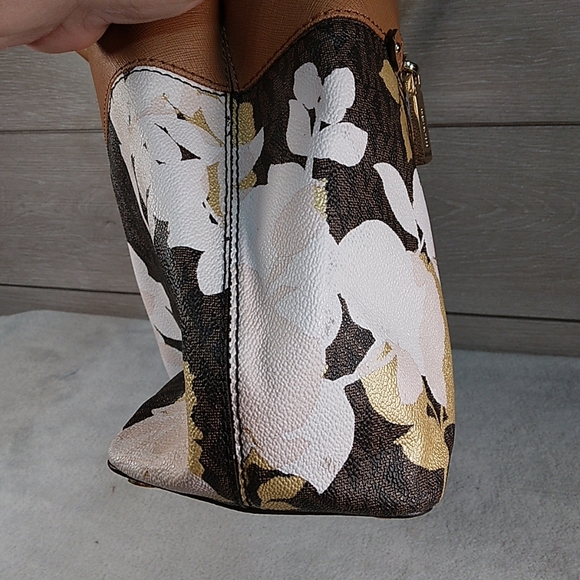 Michael Kors Floral Print Canvas & Leather Tote Satchel w/Brown MK Pattern Haile - Picture 3 of 12